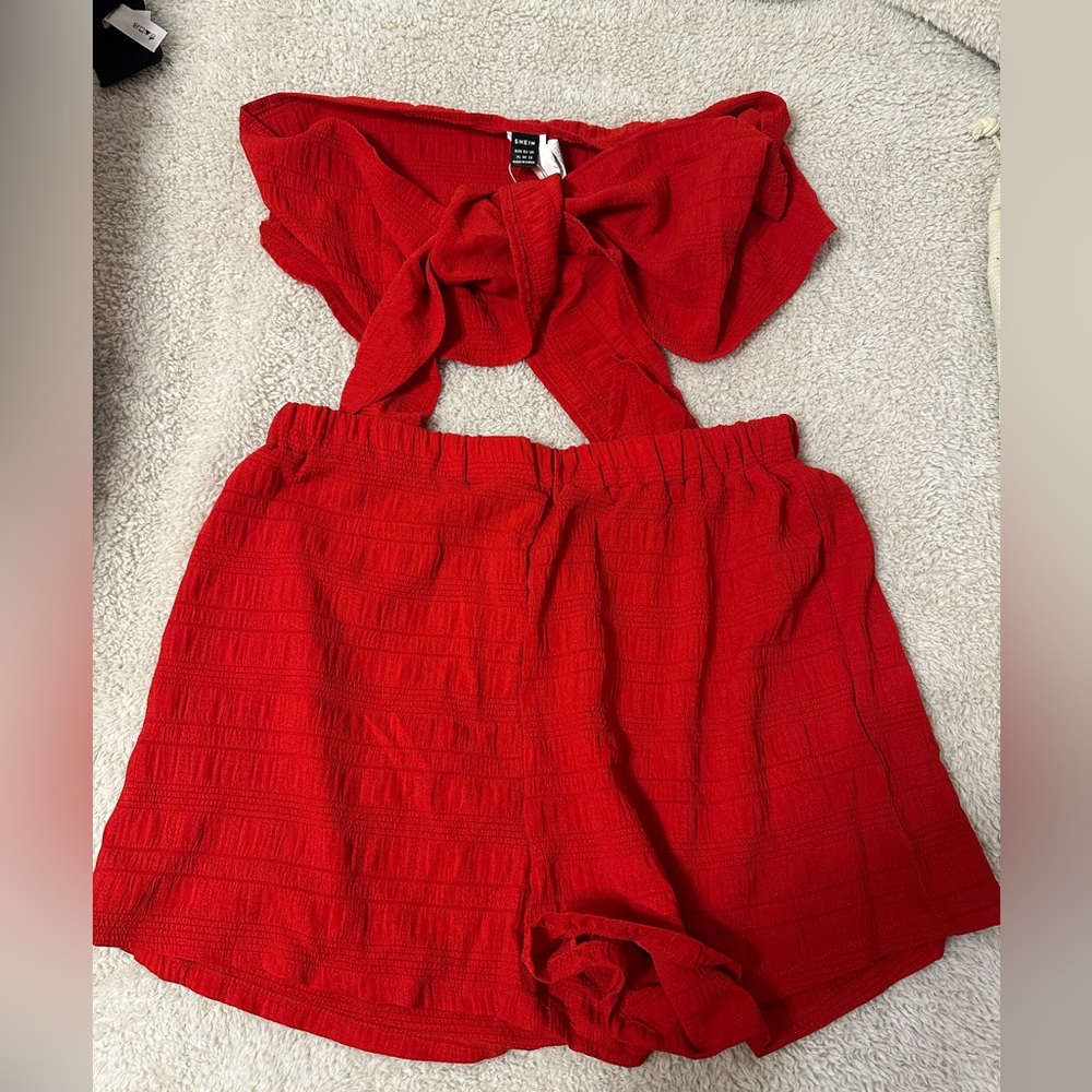 SHEIN Red Smocked Sleeveless Crop Top & Short Set